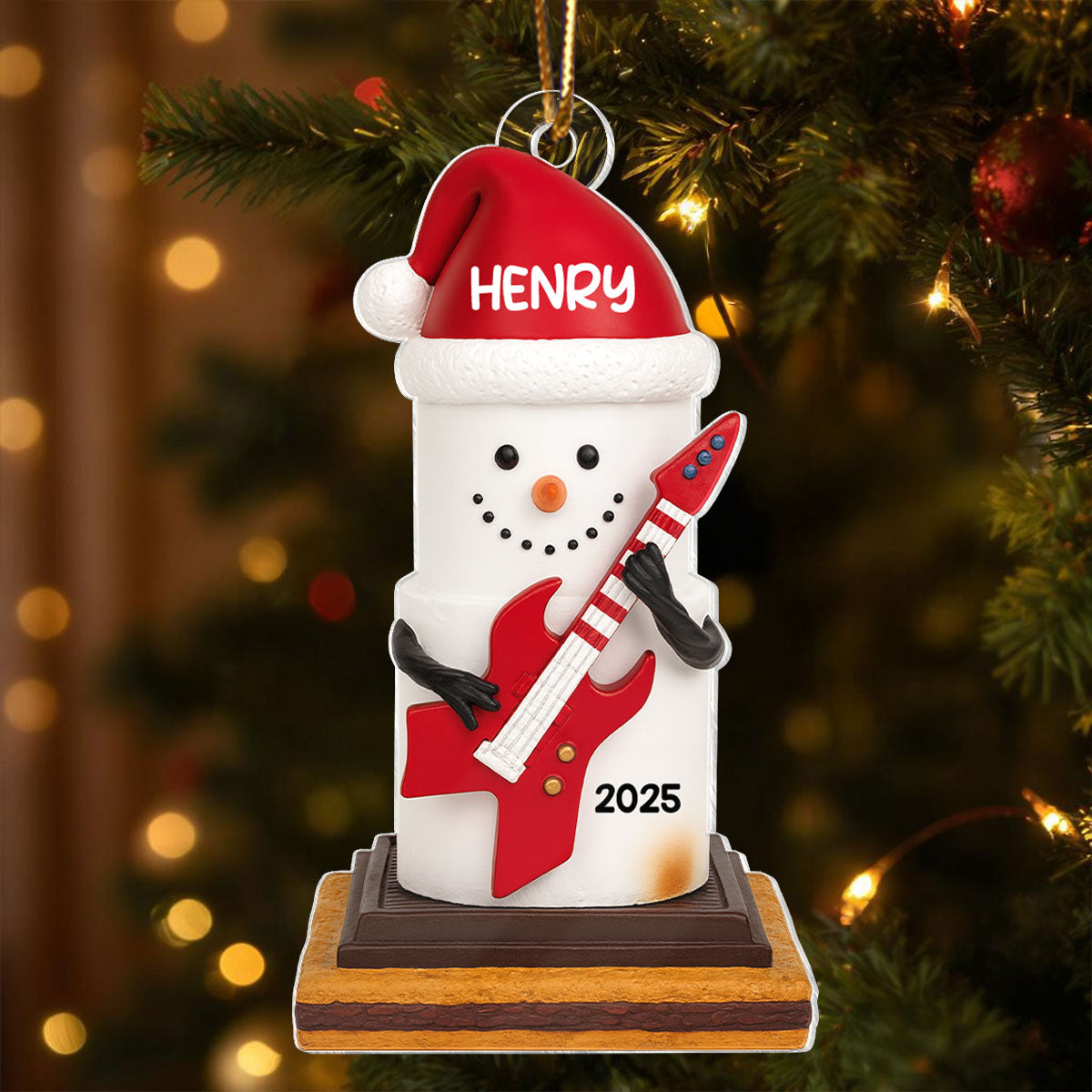 Snow Man Playing Guitar On Chocolate and Cracker - Personalized Acrylic Ornament-  Gift for Guitar Lovers