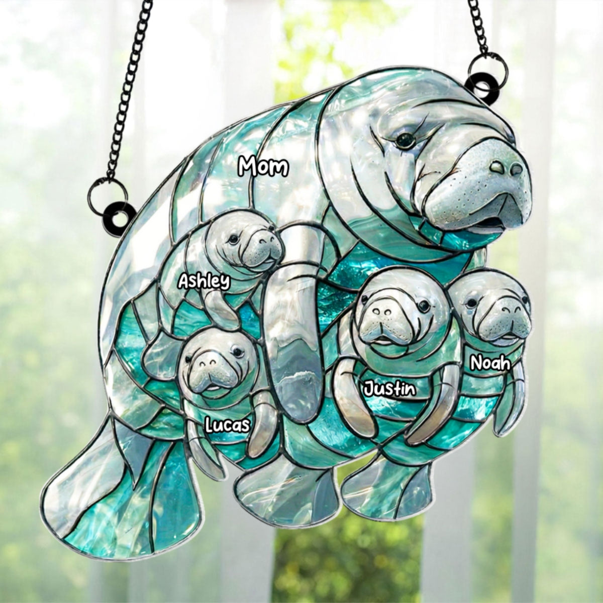 Manatee Mom and Kids - Personalized Acrylic Suncatcher - Heartfelt Mother's Day Gift for Mom, Wife