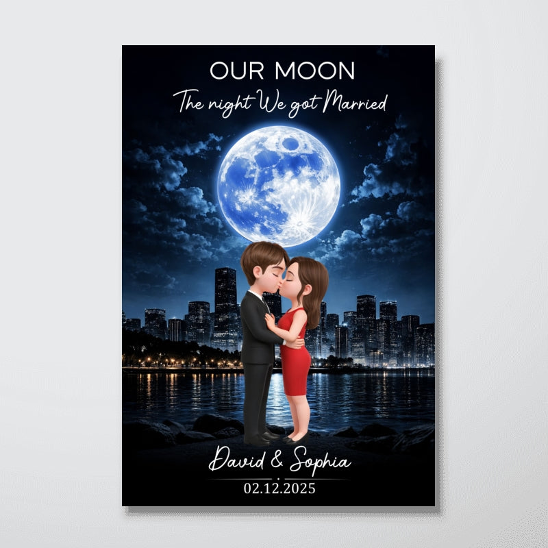 Couple Kissing Under the Moon Light City Skyline, Custom Moon Phase by Date - Personalized Poster - Sentimental Valentine's Day Gift for Her, for Him