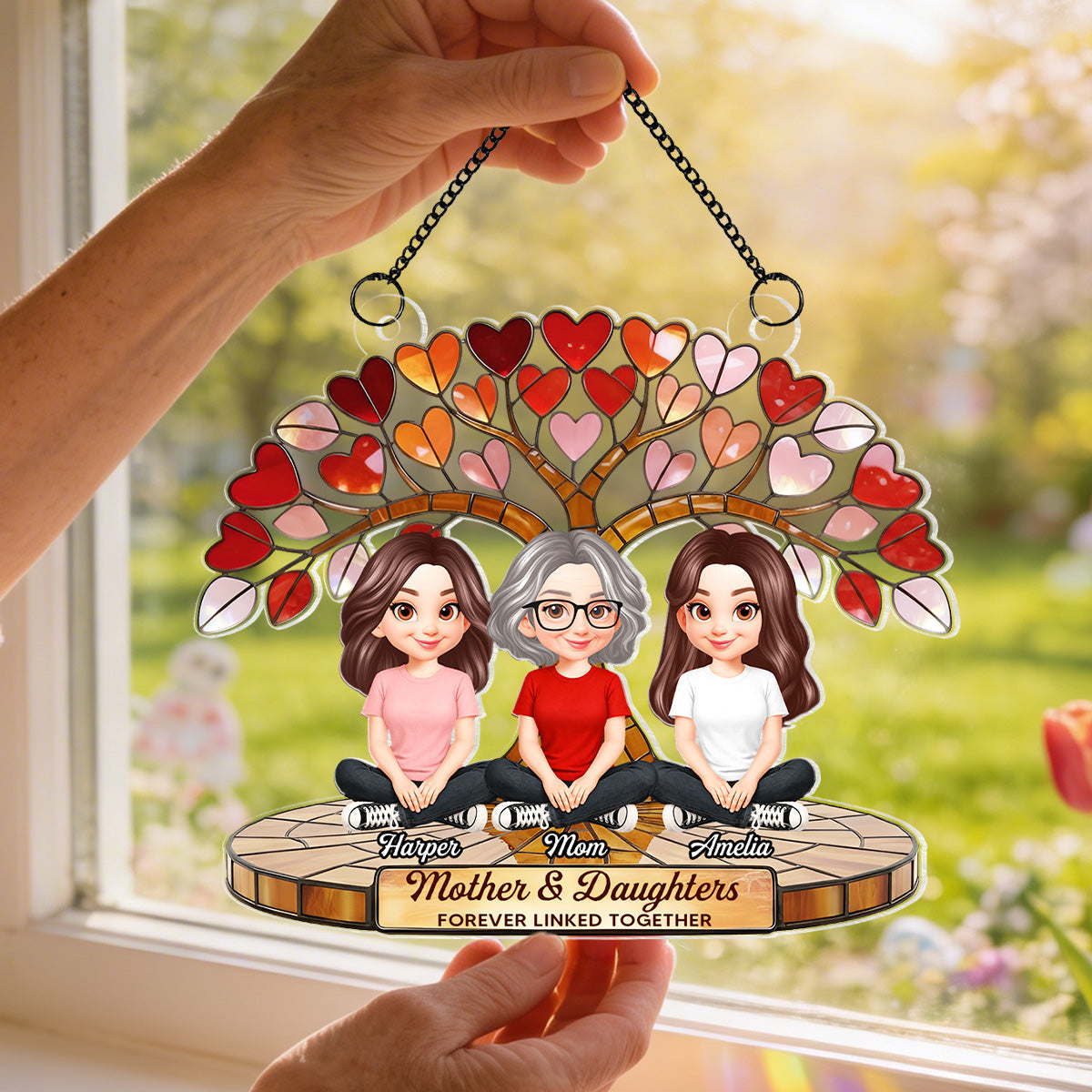 Mom And Son Daughter Under Heart Tree Forever Linked Together - Personalized Suncatcher Ornament - Gift For Mom