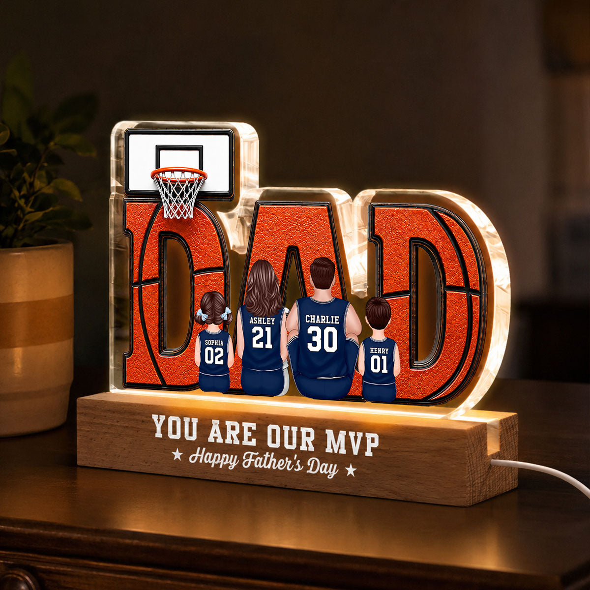 Basketball Dad Legend Daddy's Dream Team - Personalized Acrylic Block LED Night Light - Father's Day Gift For Dad, Husband, Basketball Fans