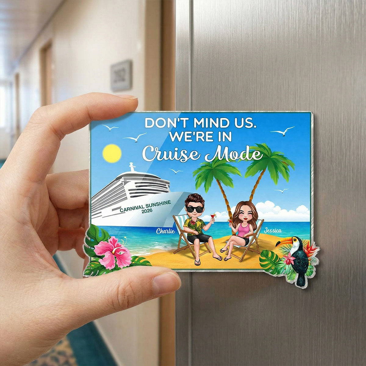 We're In Cruise Mode Doll Couple Sitting On The Beach - Personalized Cruise Ship Door Magnet