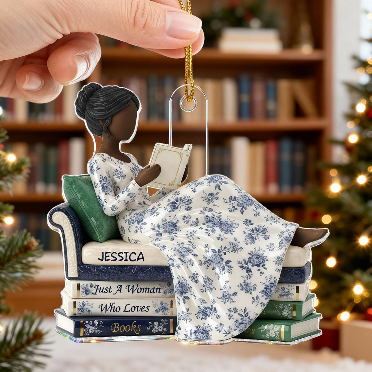 3D Effect Girl Reading Books On Sofa Toile De Jouy Pattern - Personalized Acrylic Ornament - Christmas Gift For Book Lover, Bookworm