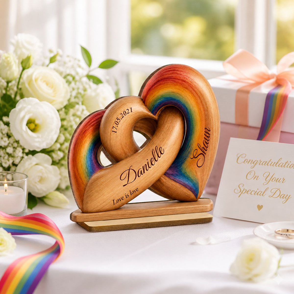Interlocked Hearts Love is Love LGBT Couple - Personalized 2-Layered Wooden Plaque - Gift for Him, for Her