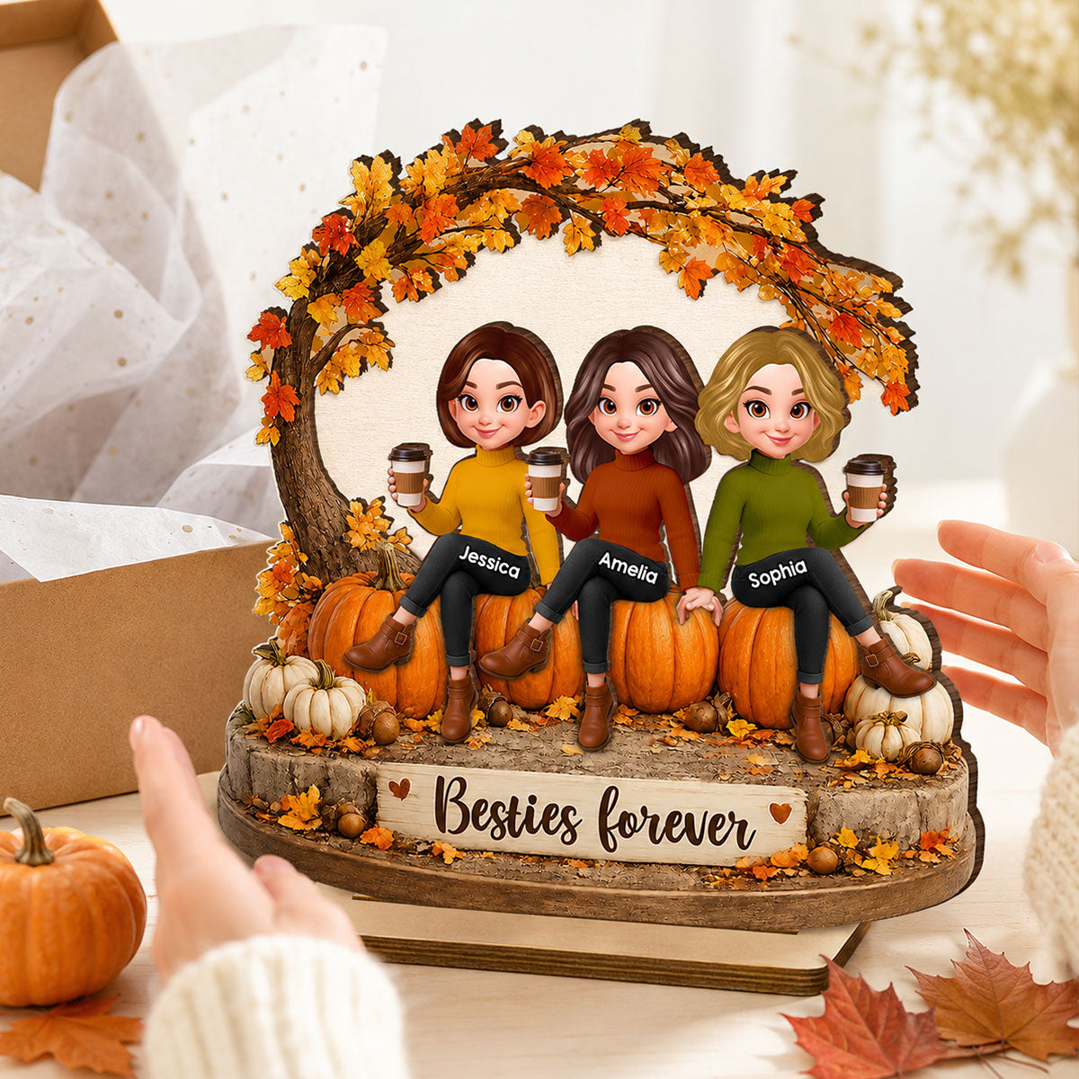 Cozy Autumn Besties Forever - Personalized 2-Layered Wooden Plaque - Fall Season Gift For Besties