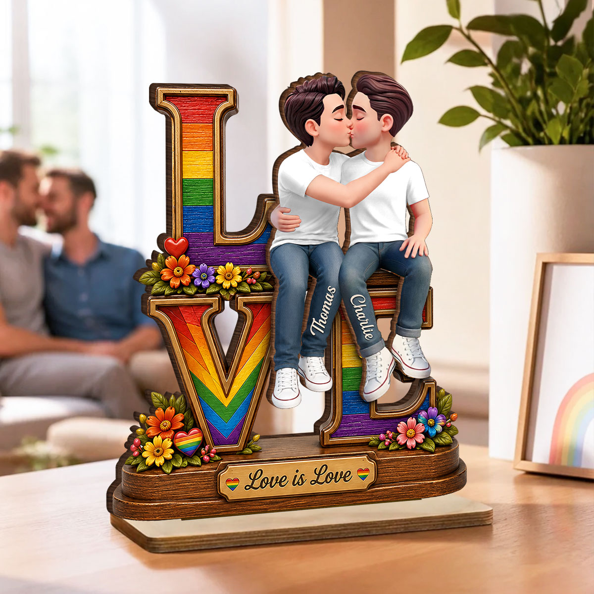 Love Is Love LGBT+ Couple Rose - Personalized 2-Layered Wooden Plaque - Gift For Couple, Happy Pride Month