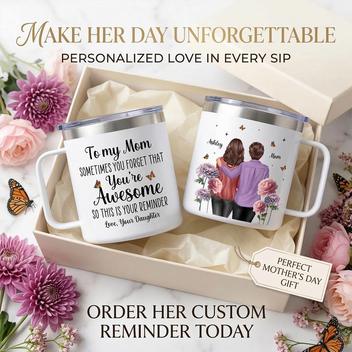 To My Mom You're Awesome Birth Flower - Personalized Stainless Steel Tumbler With Handle - Mother's Day Gift For Mom From Daughter