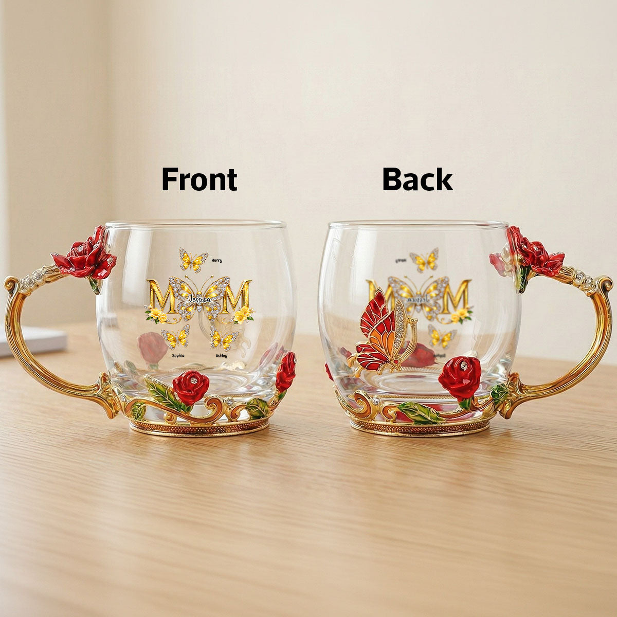 Mom And Children Butterflies - Personalized Enamel Flower Tea Cup - Gift For Mom