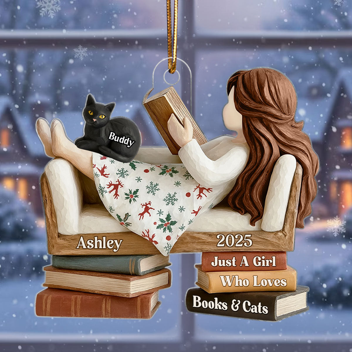 Just a Girl Who Loves Books & Cats - Personalized Acrylic Ornament - Christmas Gift for Cat Moms, Bookworms