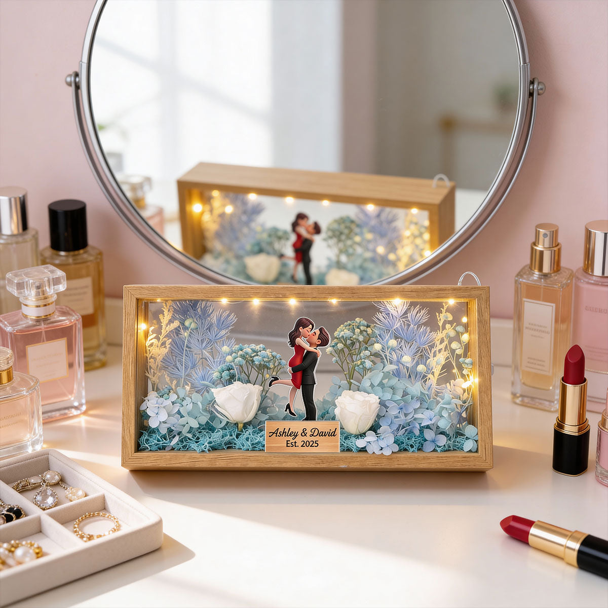 Romantic Couple Hugging Kissing - Personalized DIY Flower Shadow Box LED Night Light - Gift For Couple, For Him, For Her