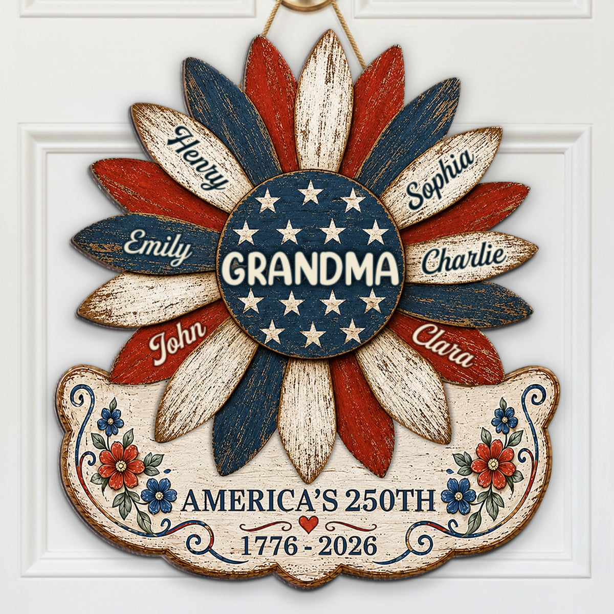 Grandma Nation Flag Sunflower America 250th Anniversary - Personalized Wood Sign - 250 Years Of Freedom, Patriotic Decoration