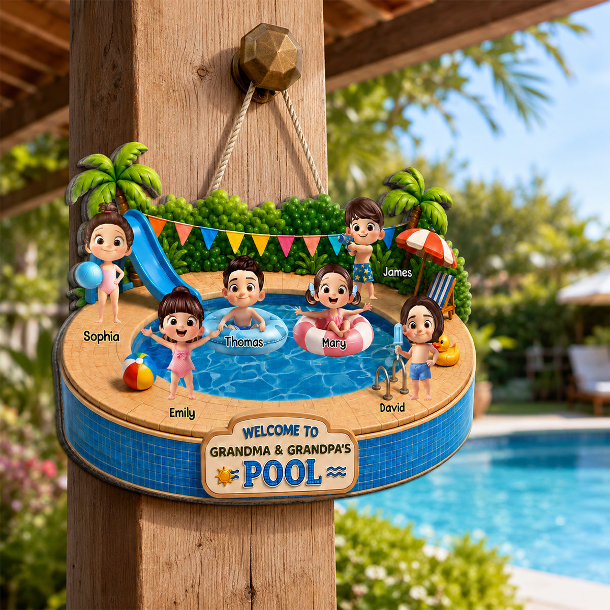Welcome To Grandma Grandpa Pool Playful Kids 2D Flat - Personalized Wood Sign