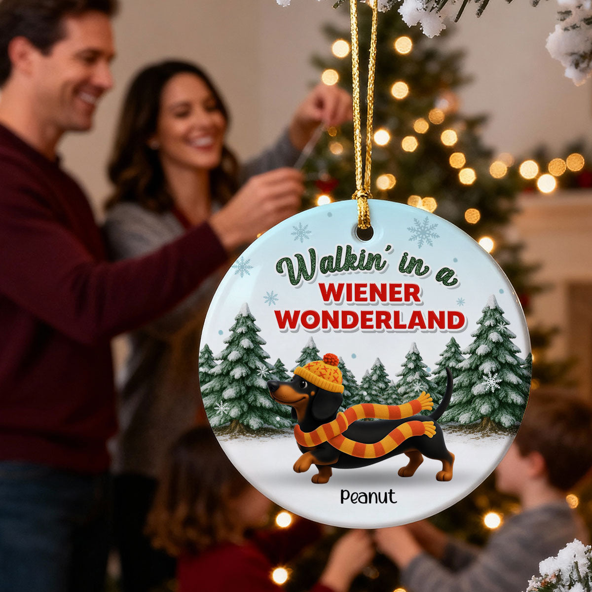Christmas Dachshunds Walking In A Wiener Wonderland - Personalized Ceramic Ornament - Gift For Dachshund Lovers