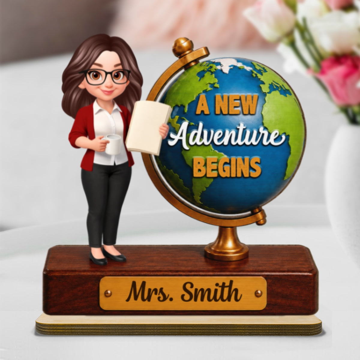 Teacher Globe New Adventure 2D Flat - Personalized Wooden Plaque - Back To School Gift