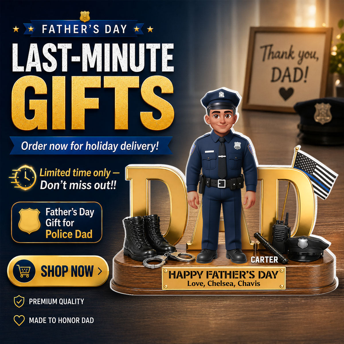 Proud American Police Dad You Are Our Hero Thin Blue Line 2D Flat - Personalized Acrylic Block Plaque -  Gift For Dad
