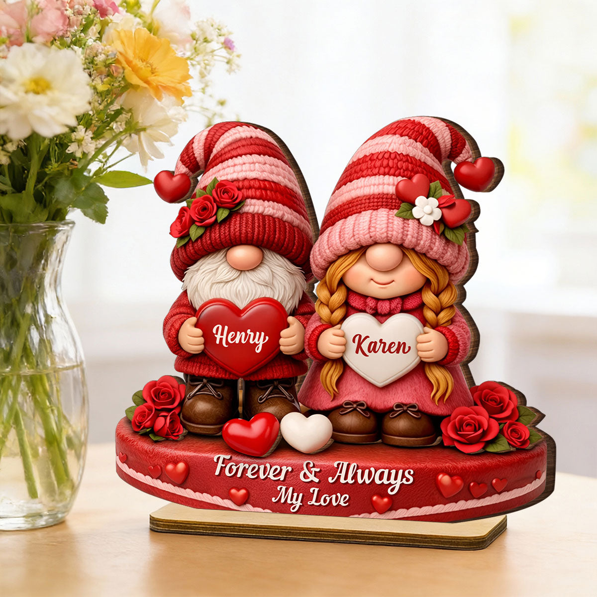 Romantic Gnome Couple - Personalized Standing Wooden Plaque - Gift for Couple