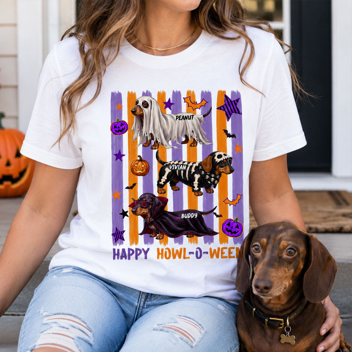 Striped Halloween Dachshund Ghost - Personalized Shirt - Halloween Gift For Dog Lovers