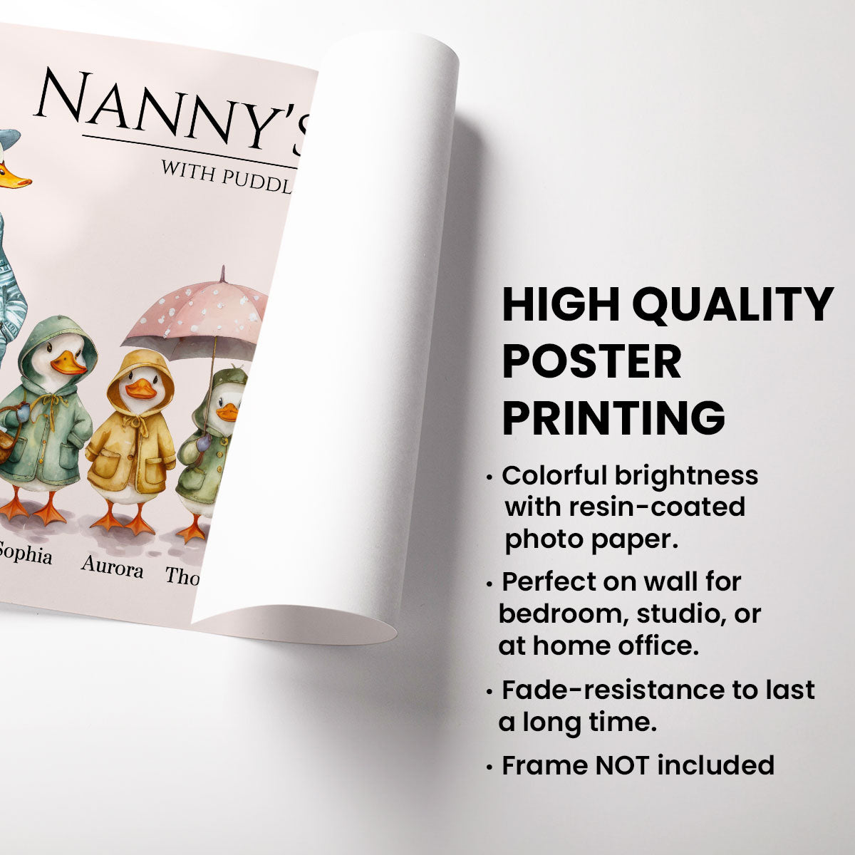 Nanny's Flock Gift For Grandma Nana Grammy Cute Watercolor Ducks Personalised Poster, Mother's Day Gift