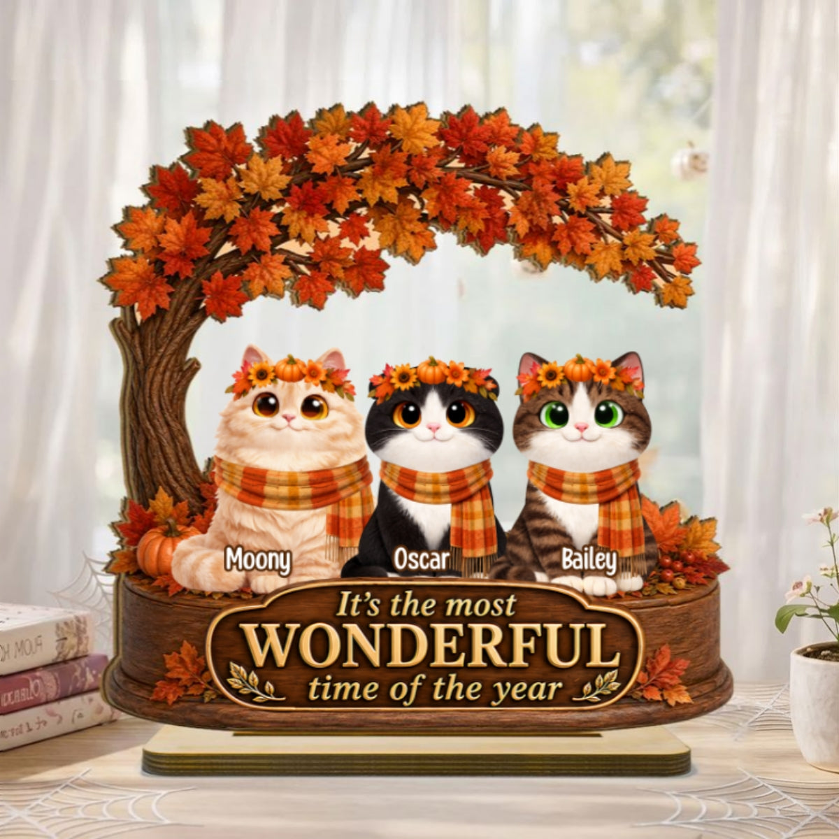 Most Wonderful Time of the Year Cats - Personalized 2-Layered Wooden Plaque - Fall Decor for Cat Lovers