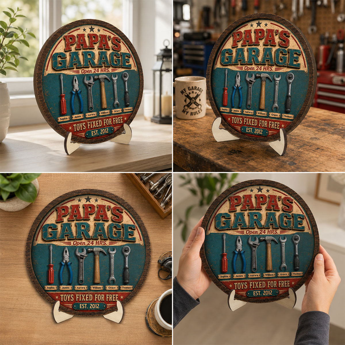 Papa Dad's Garage Toys Fixed For Free Custom Kid Name 2D Flat - Personalized 2-Layered Wooden Plaque -  Gift For Mechanic Dad, Grandpa