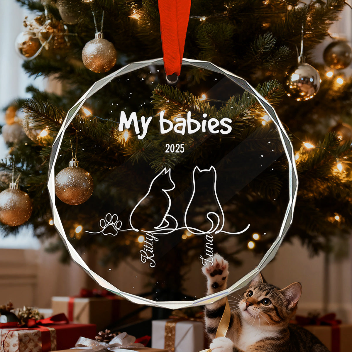 My Babies Cat Line Art - Personalized Glass Ornament - Christmas Ornament For Cat Lovers