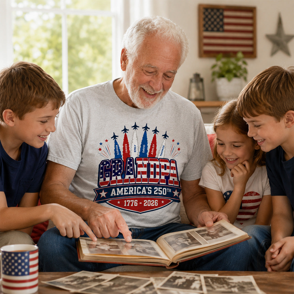 Proud Grandpa Dad Jets Smoke Custom Kid Name - Personalized Shirt - American 250th Anniversary Keepsake For Husband, Dad, Grandpa