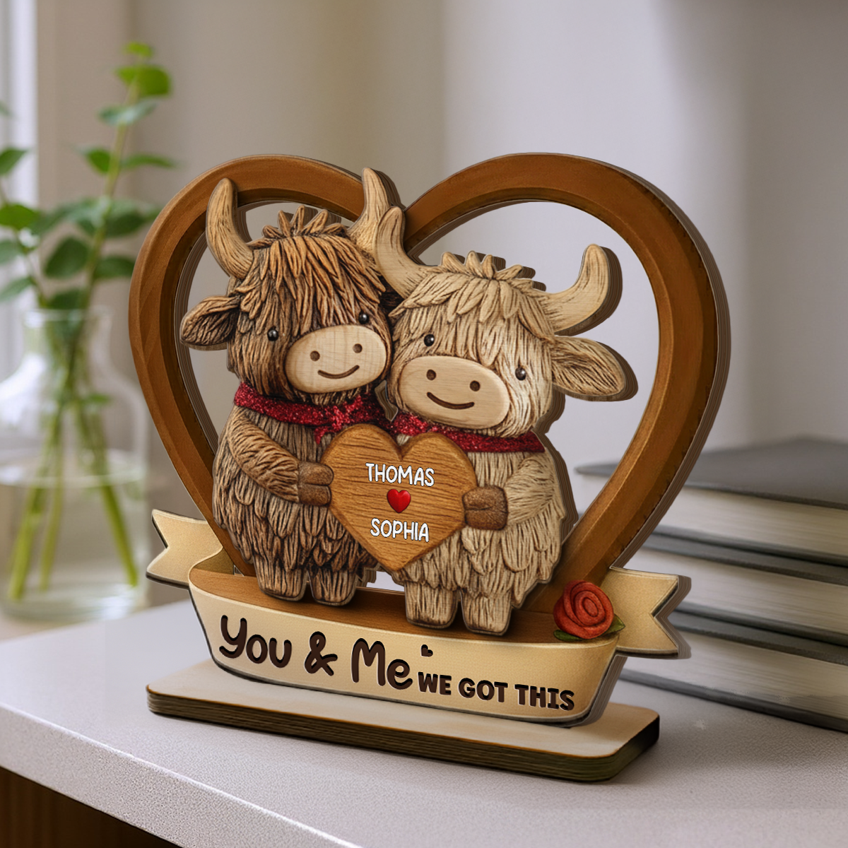 3D Effect Highland Cows Couple Heart - Personalized 2-Layered Wooden Plaque - Perfect Valentine's Day Gift For Him, Gift For Her
