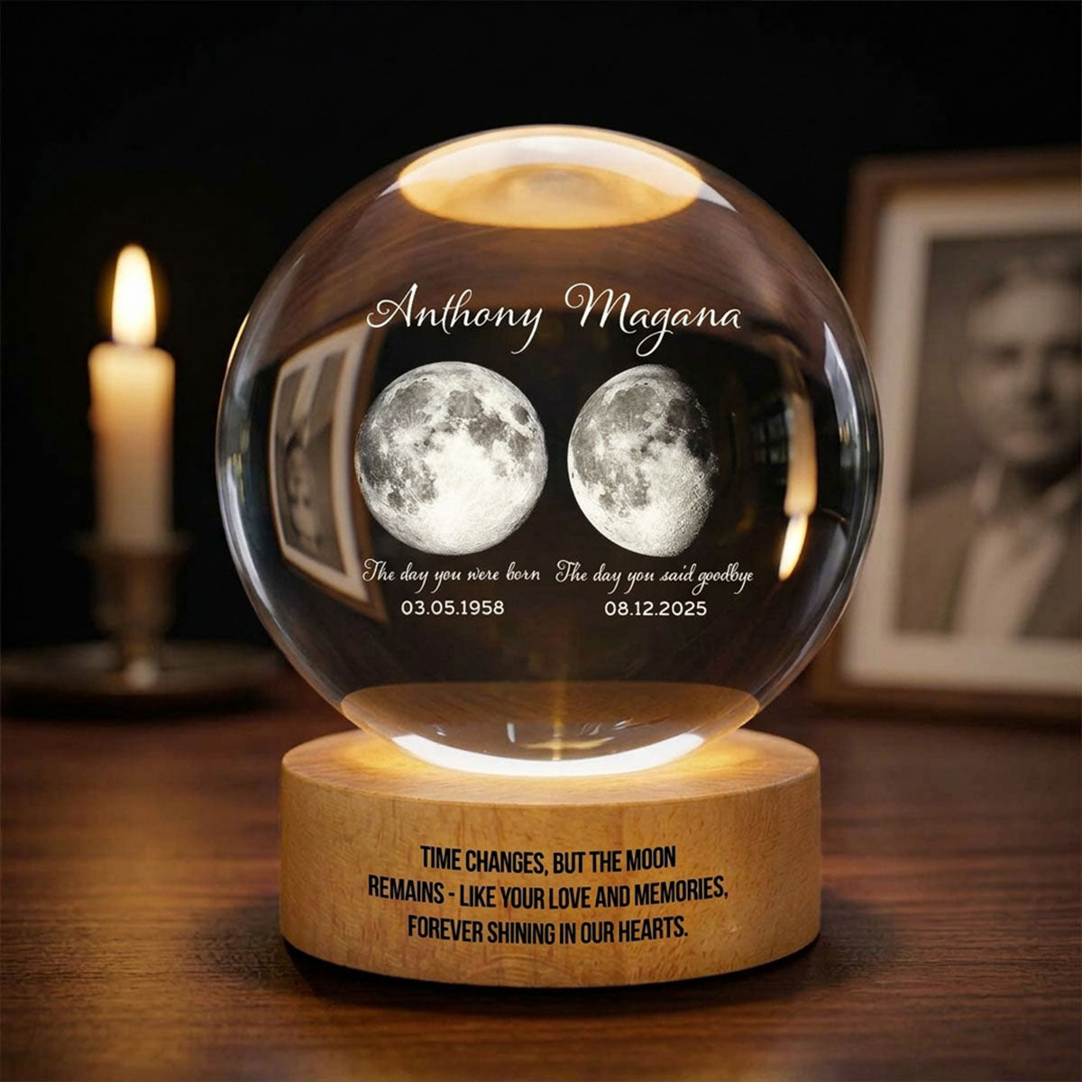 Lost Loved One Moon Phase Art - Personalized Crystal Ball LED Night Light - Memorial Keepsake Sympathy Gift