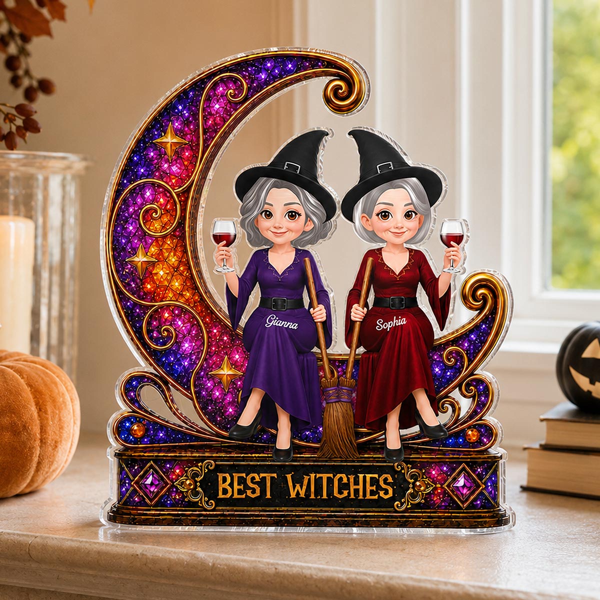 Pretty Witches Sitting On Moon Sparkle 2D Flat - Personalized Acrylic Block - Halloween Decoration
