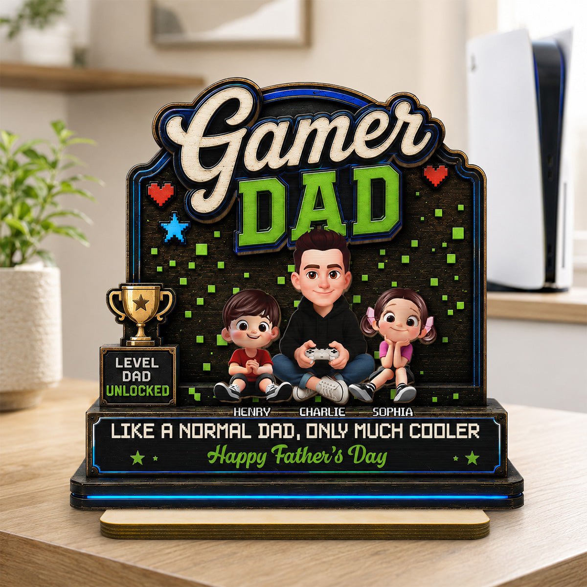 Gamer Dad & Kids - Personalized 2-Layered Wooden Plaque -  Gift For Gamer Dad