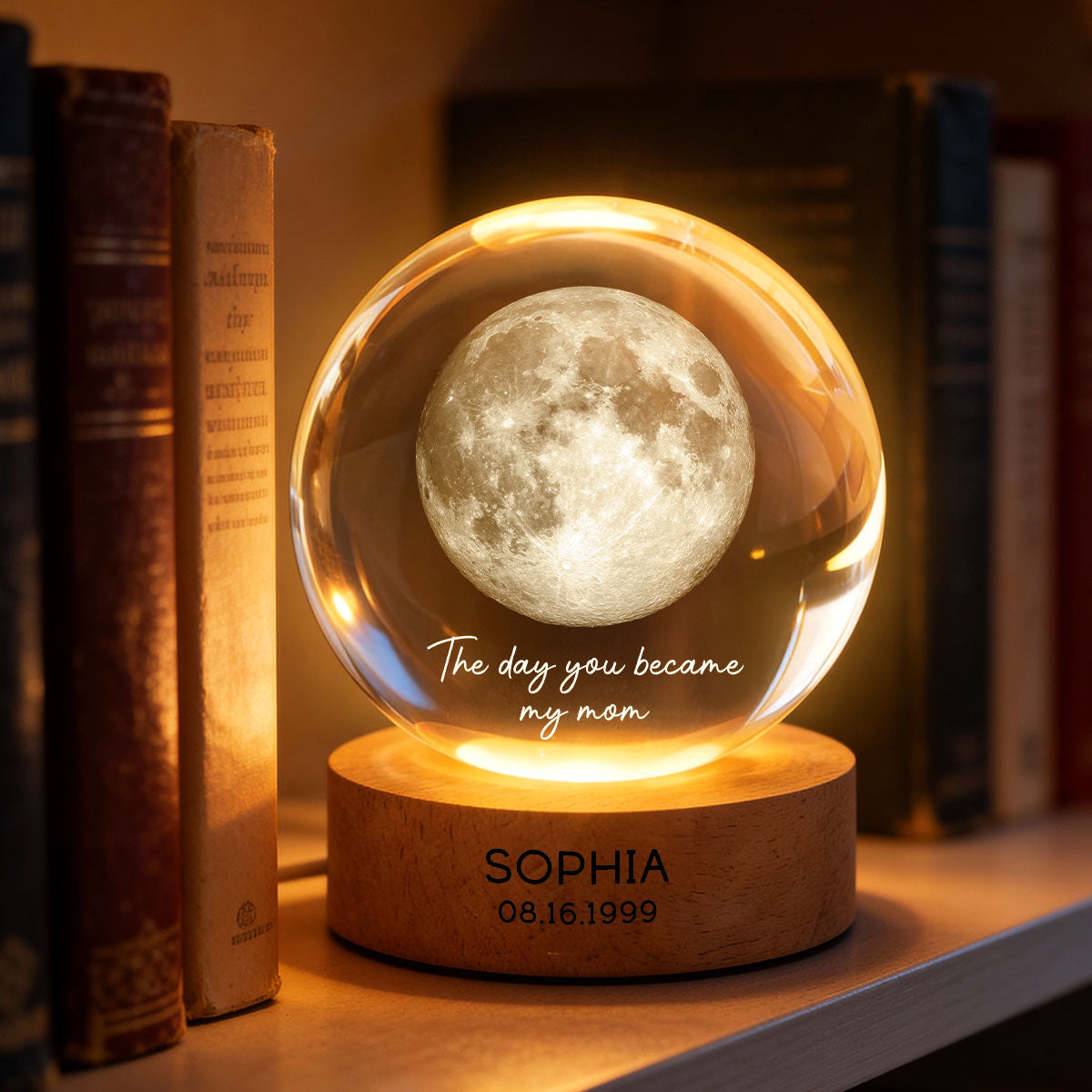 The Day You Became My Mom Engraved Wooden Base - Personalized Crystal Ball LED Night Light - Sentimental Gift for Mom