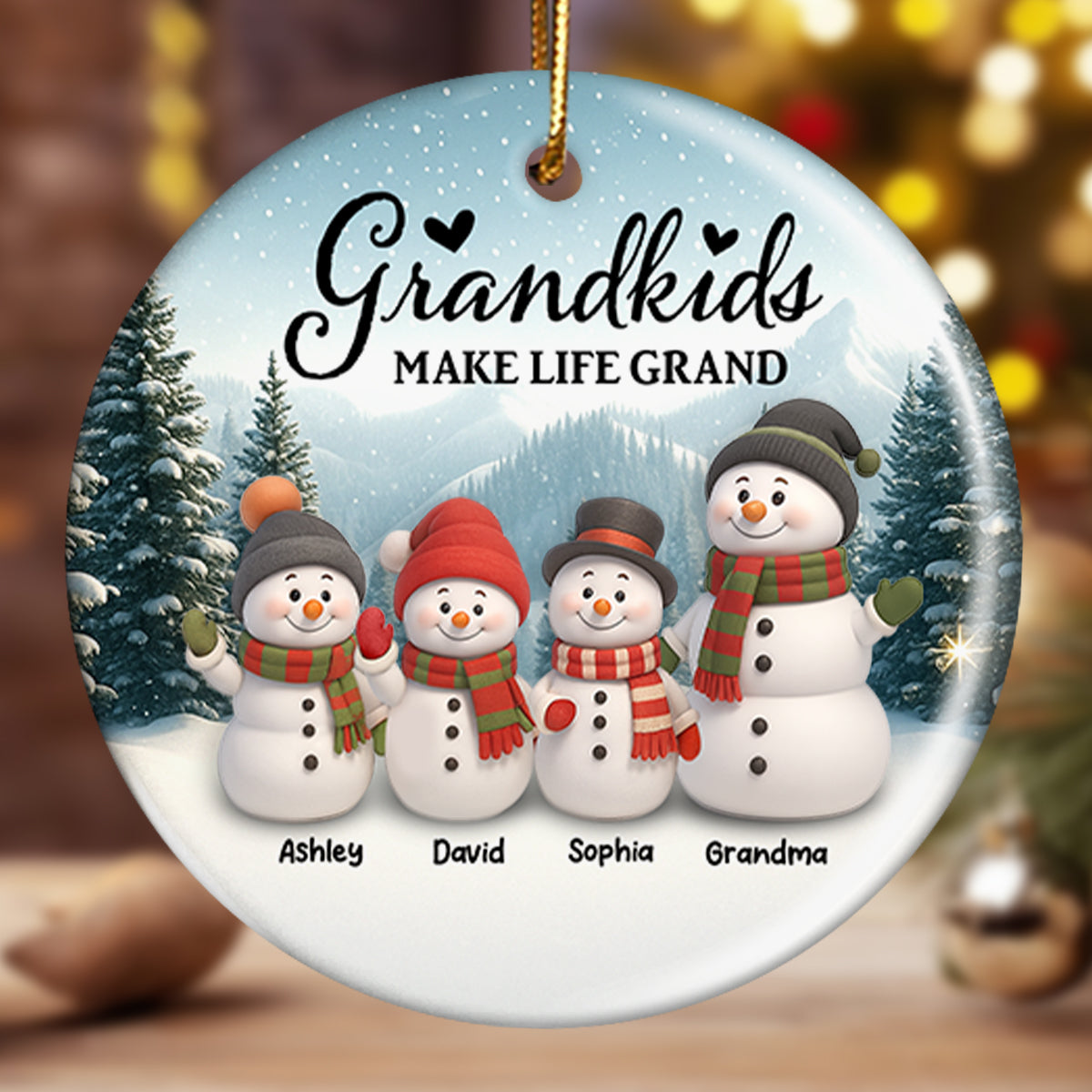 Grandma Grandkids Snowman - Personalized Ceramic Ornament with Acrylic - Unique Christmas Gift for Grandma