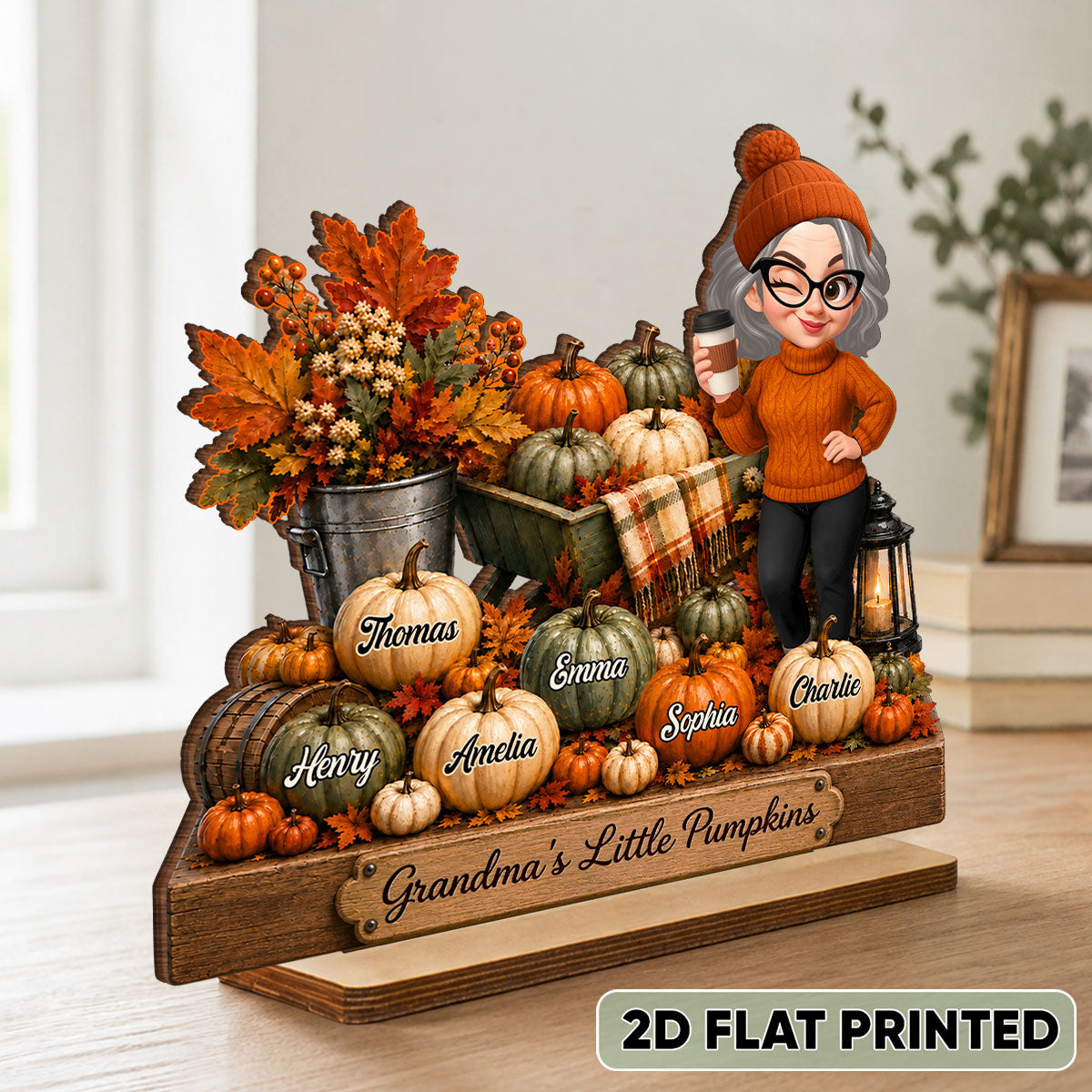 Pumpkin Wheelbarrow Grandma Grandkids - Personalized 2-Layered Wooden Plaque - Fall Season Decor Gift, Gift For Grandma