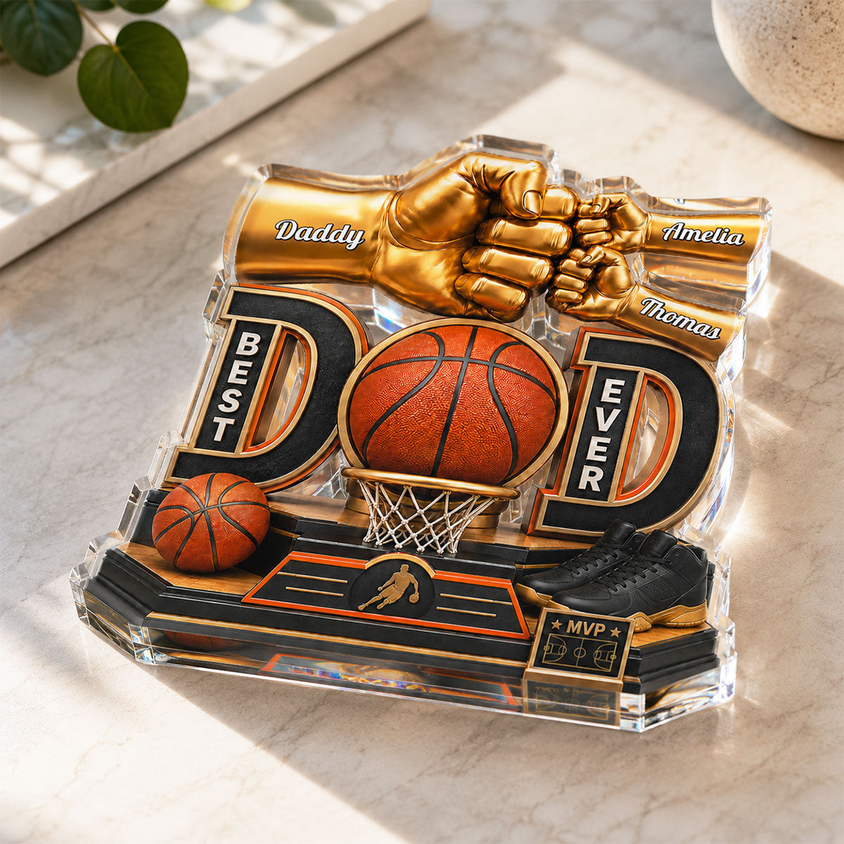 Basketball Dad & Kids Fist Bump - Personalized Acrylic Block Plaque -  Gift For Dad, Husband