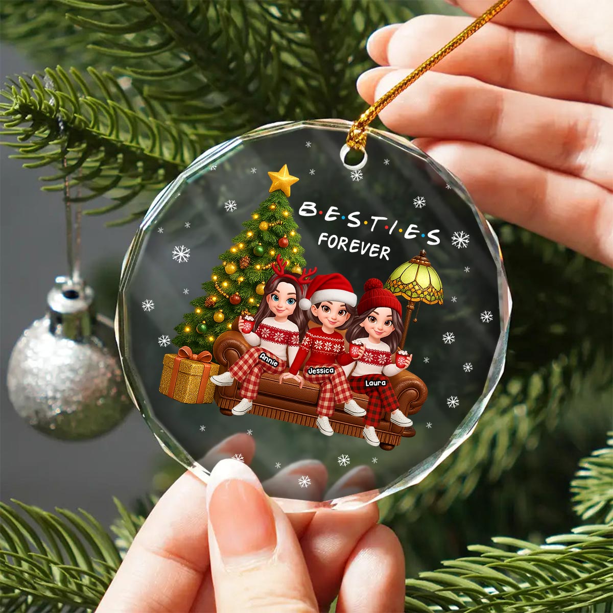 Christmas Festive Besties Forever Christmas Tree - Personalized Glass Ornament - Christmas Gift For Best Friends
