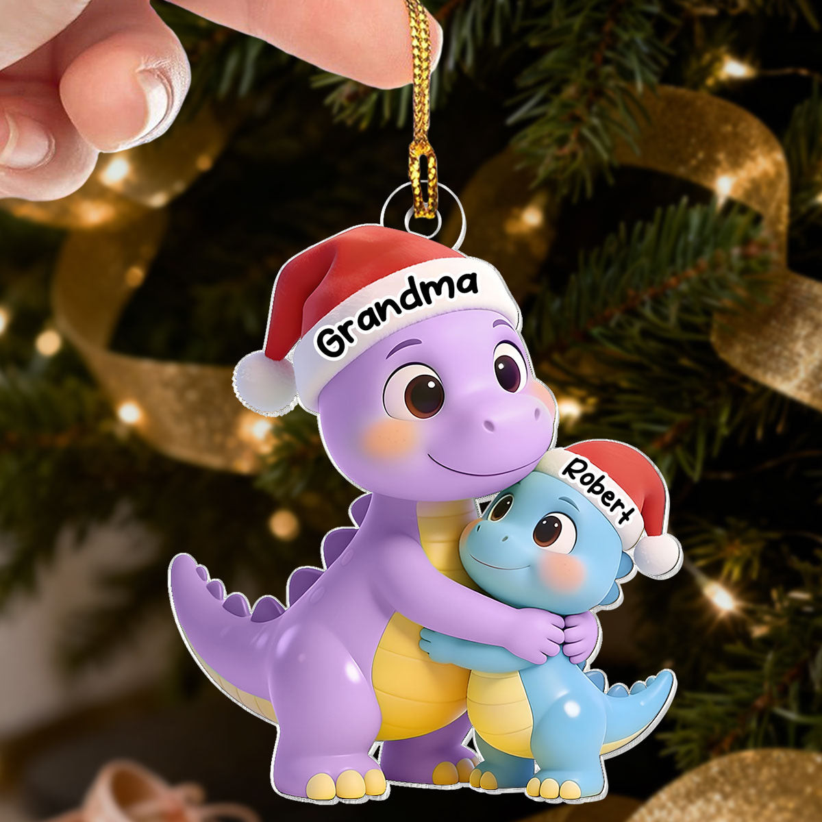 3D Effect Heartwarming Happy Grandmasaurus With Dinosaur Grandkid - Personalized Acrylic Ornament - Gift For Grandkids