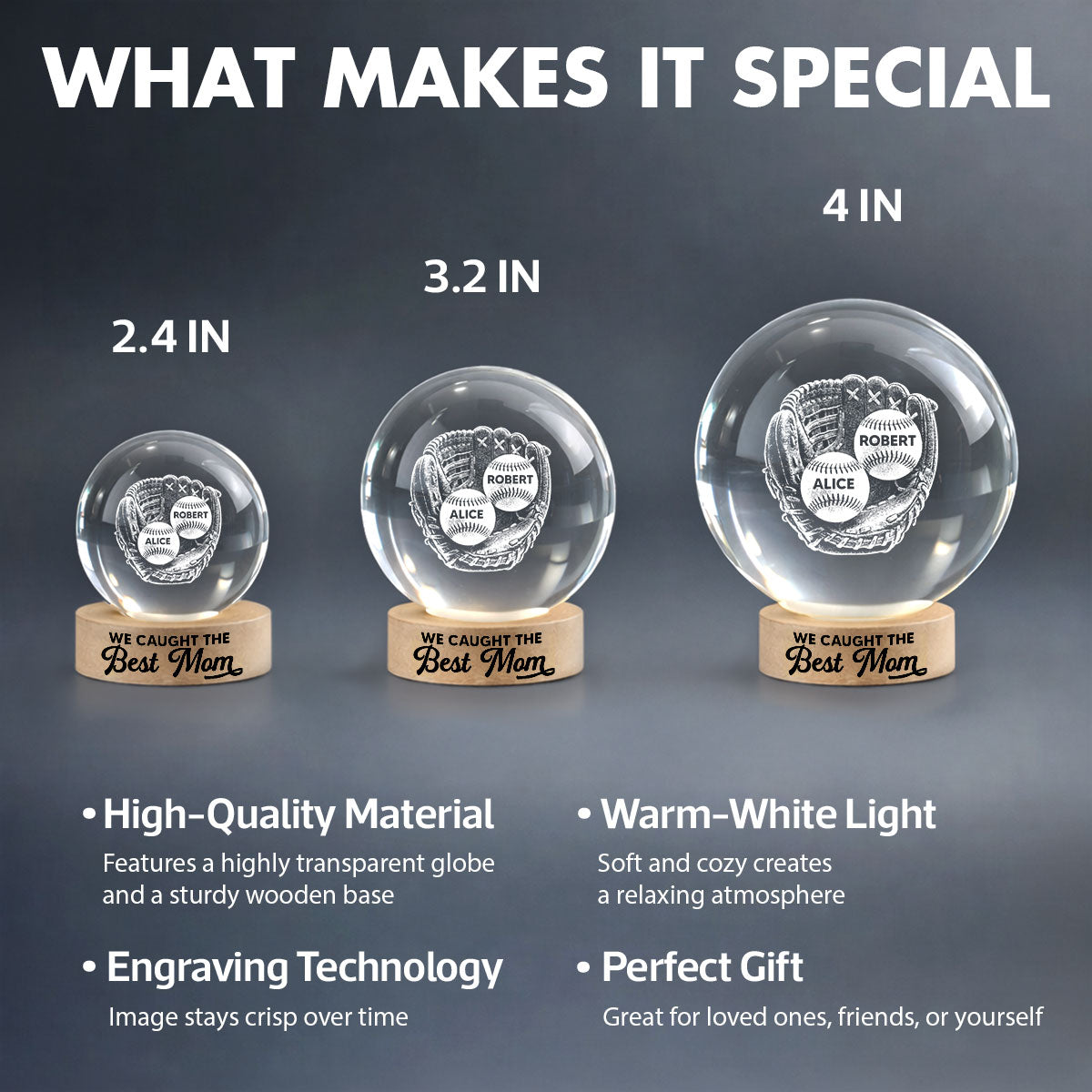 We Caught The Best Mom Baseball In Glove - Personalized Crystal Ball LED Night Light - Mother's Day Gift For Baseball Mom