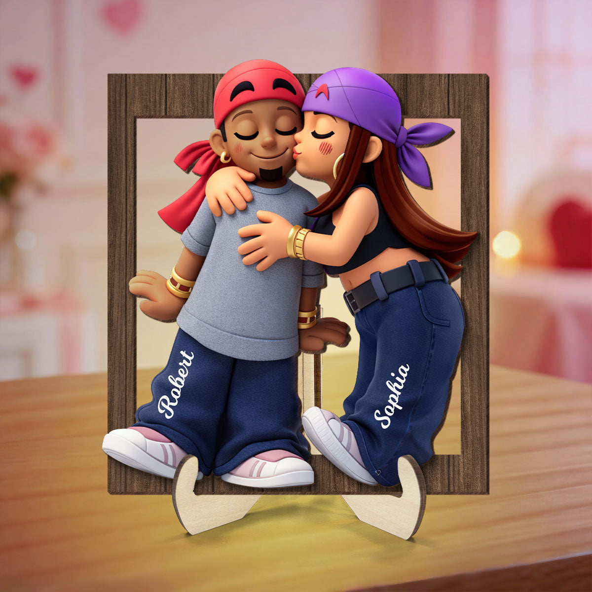 Y2K Couple Kissing - Personalized 2-Layered Wooden Plaque - Gift for Couple, for Him, for Her