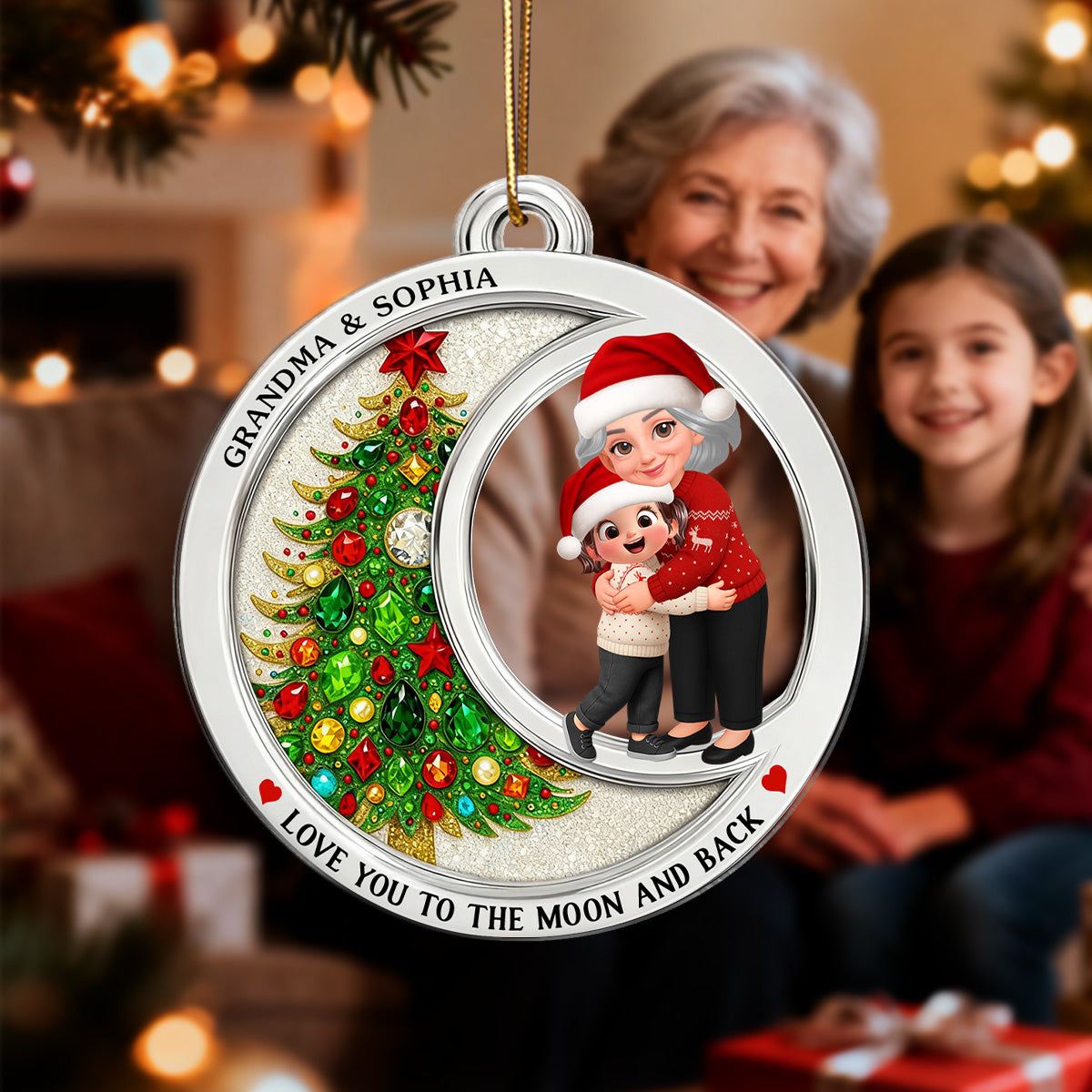 2D Flat Crystal Effect Love To The Moon Grandma Hugging Grandkid - Personalized Acrylic Ornament