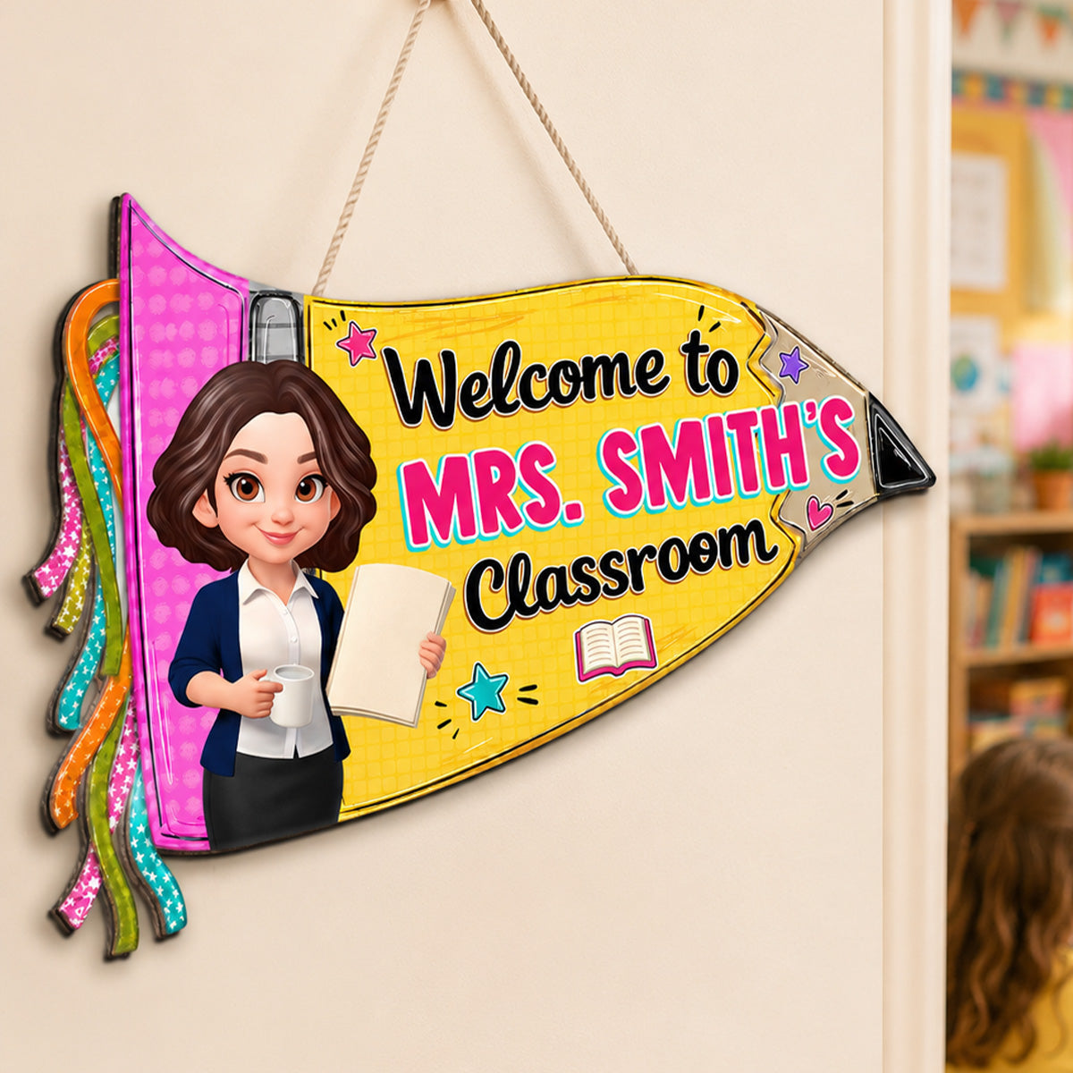 Pencil Pennant Flag Welcome To Teacher Classroom - Personalized Door Hanger
