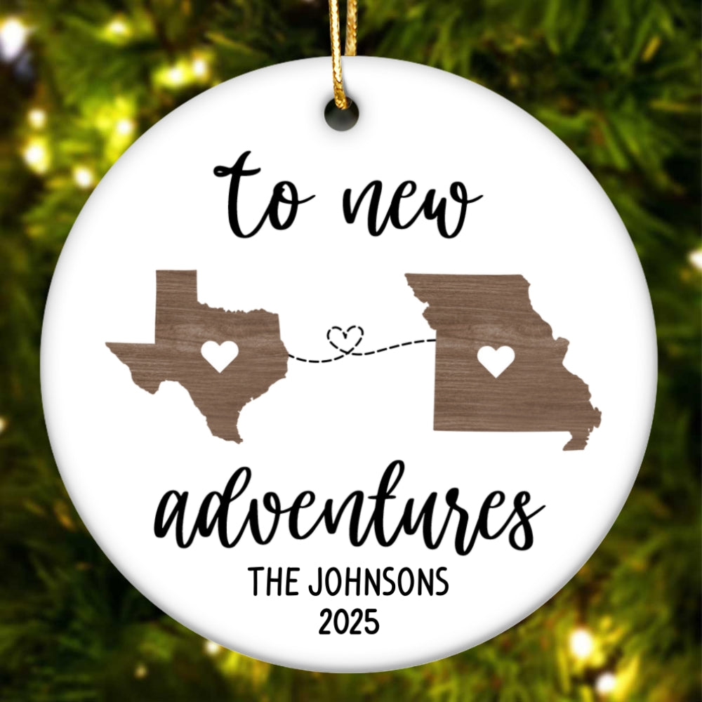 To New Adventures Cross Country Moving - Personalized Ceramic Ornament - Christmas Moving Away Gift