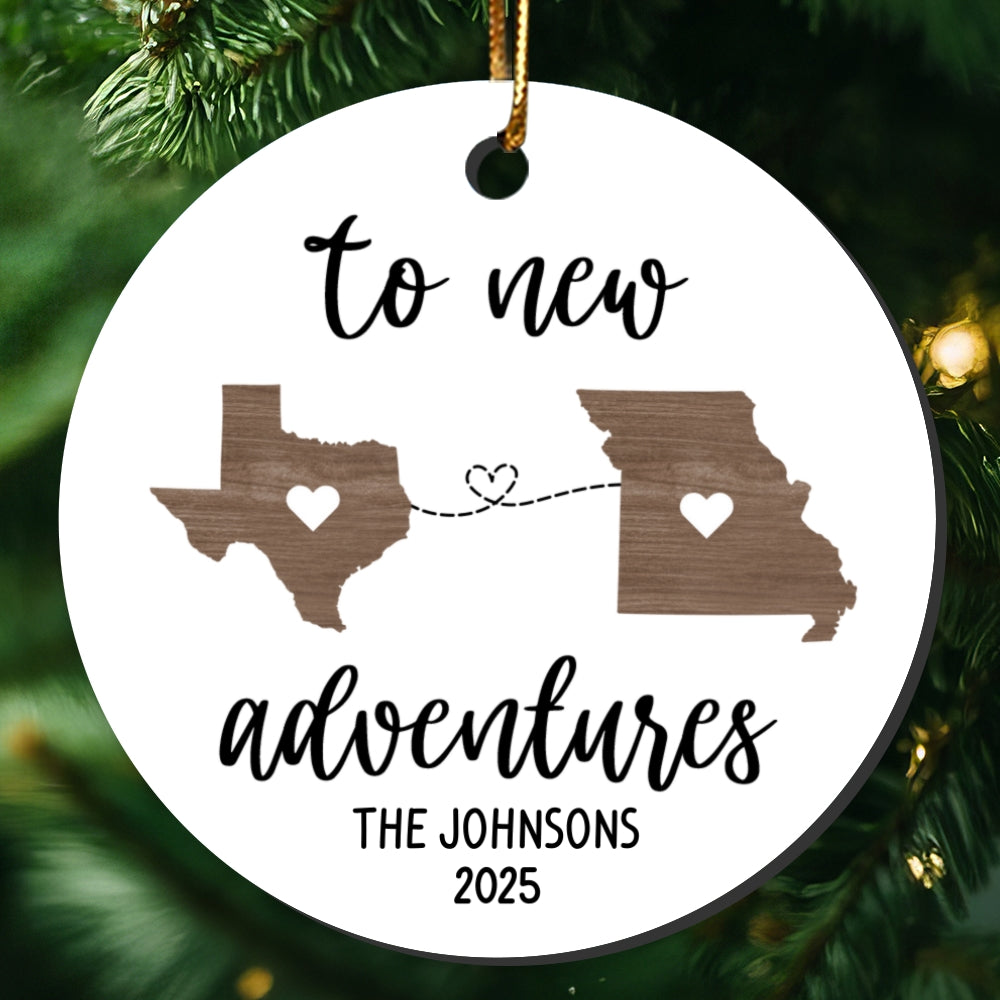 To New Adventures Cross Country Moving - Personalized Ceramic Ornament - Christmas Moving Away Gift