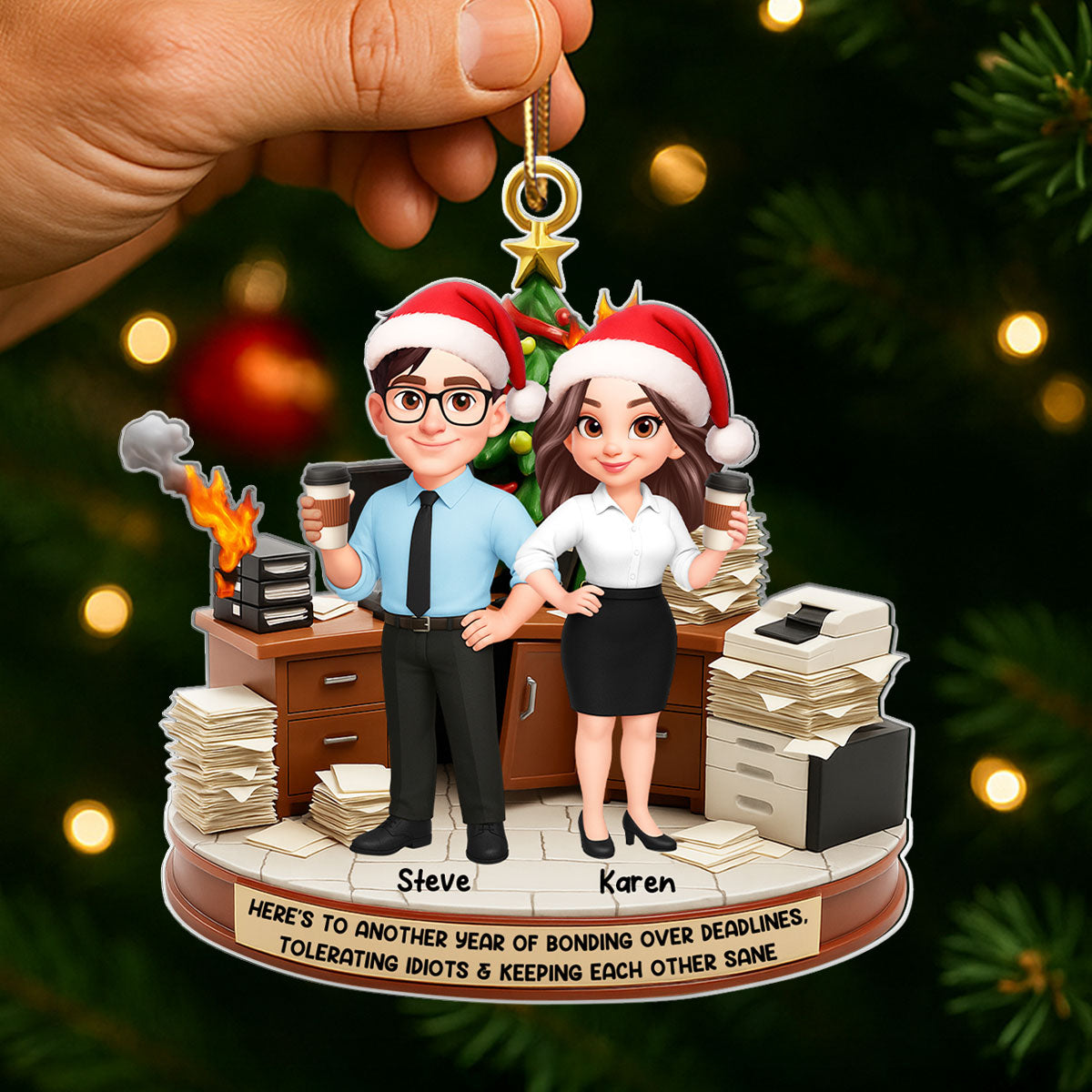 Here's to a Year Bonding over Deadlines - Personalized Acrylic Ornament - Funny Christmas Gift for Coworkers, White Elephant, Secret Santa Gift