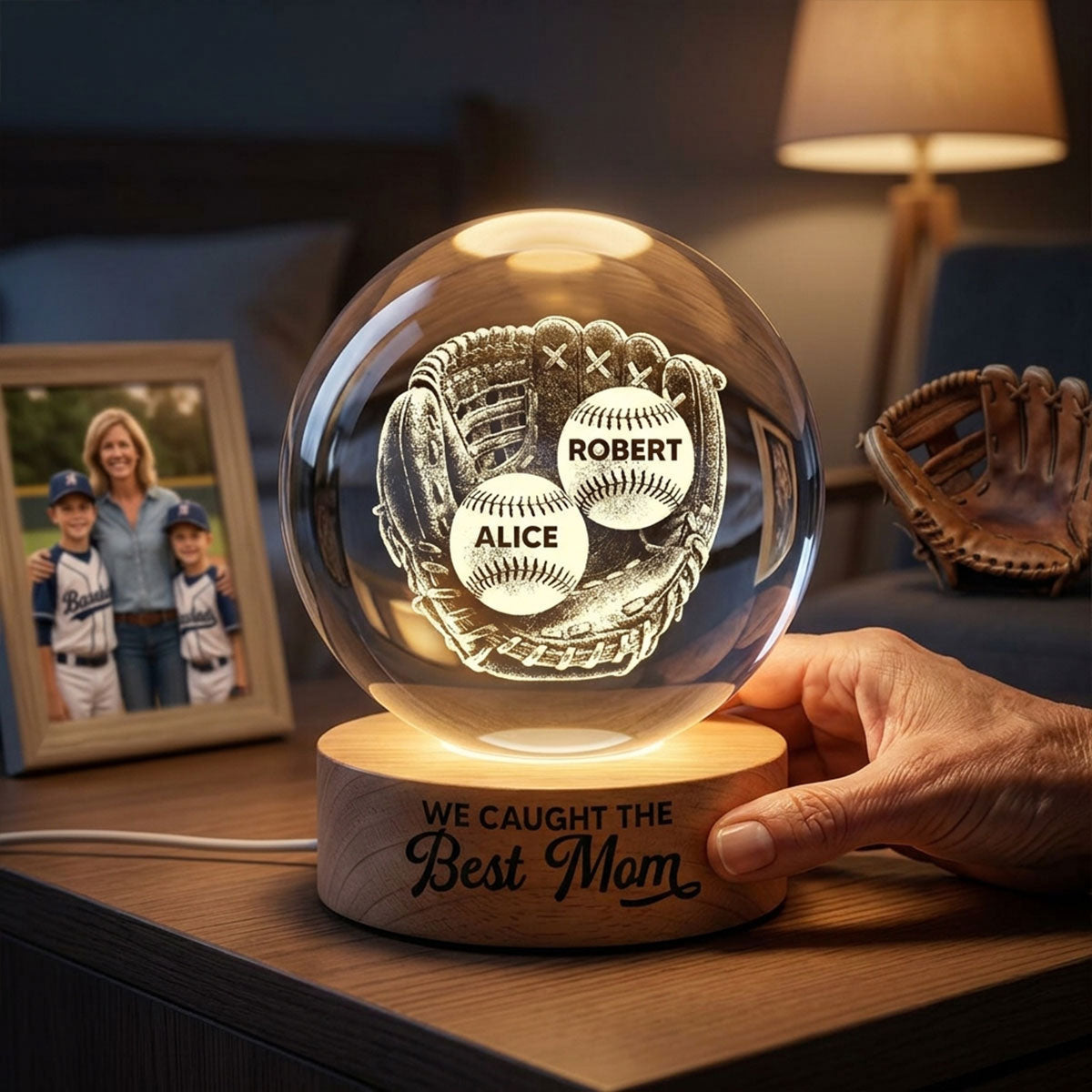 We Caught The Best Mom Baseball In Glove - Personalized Crystal Ball LED Night Light - Mother's Day Gift For Baseball Mom