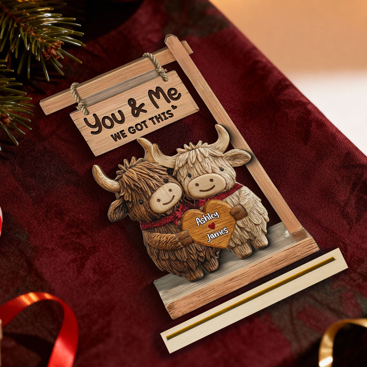 3D Effect Highland Cows Couple - Personalized 2-Layered Wooden Plaque - Perfect Valentine's Day Gift For Him, Gift For Her
