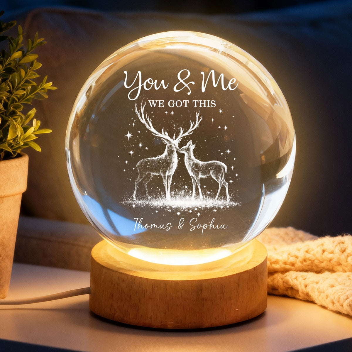 Eternal Love Deers Couple - Personalized Crystal Ball LED Night Light - Valentine's Day Gift For Couple, Hunters, For Her, For Him