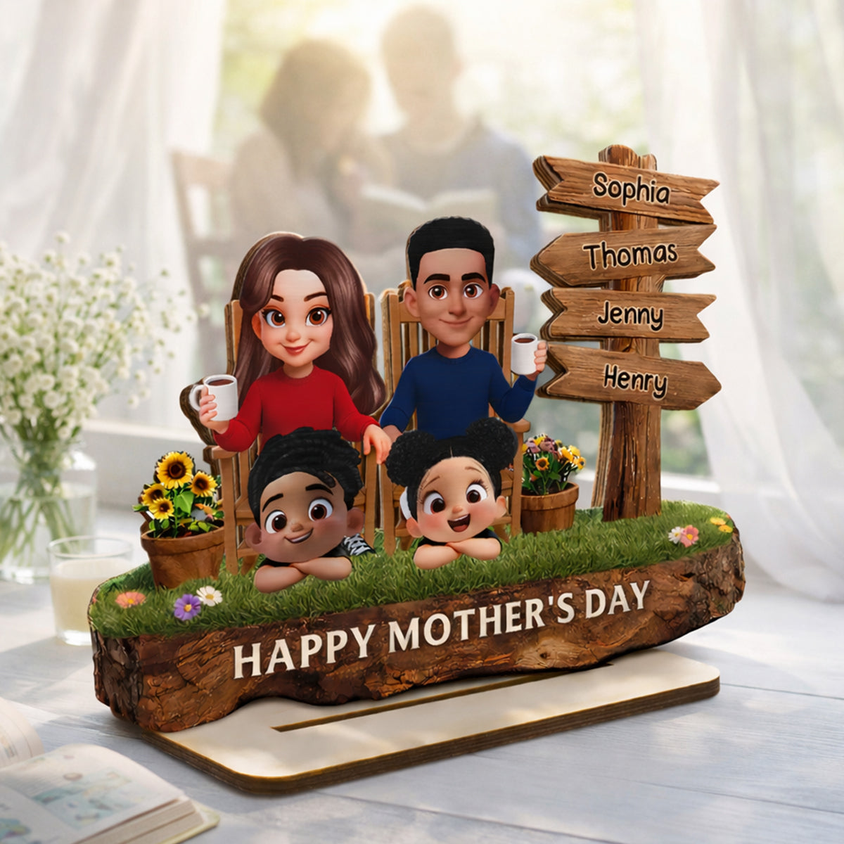 Family Sitting Sign Post - Personalized 2-Layered Wooden Plaque - Heartfelt Rustic Decor, Gift for Mom, Dad