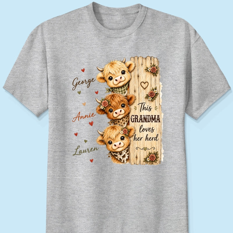 This Grandma Loves Her Herd Highland Cow - Personalized Shirt - Cozy Fall Shirt for Grandma