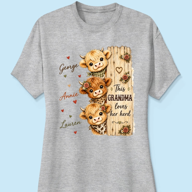 This Grandma Loves Her Herd Highland Cow - Personalized Shirt - Cozy Fall Shirt for Grandma