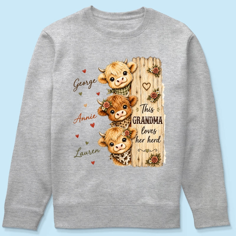 This Grandma Loves Her Herd Highland Cow - Personalized Shirt - Cozy Fall Shirt for Grandma
